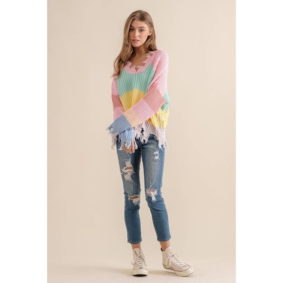 Miracle Destroyed Hem Color block V Neck Sweater sz Small Medium pink green blue - Picture 11 of 14